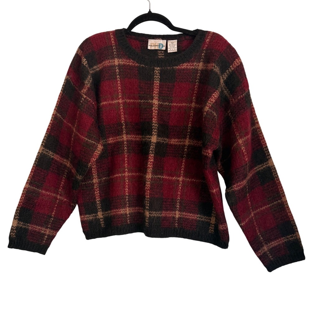 Vintage Paul Harris Design Mohair Blend Plaid Sweater Red Black Large Fuzzy Knit